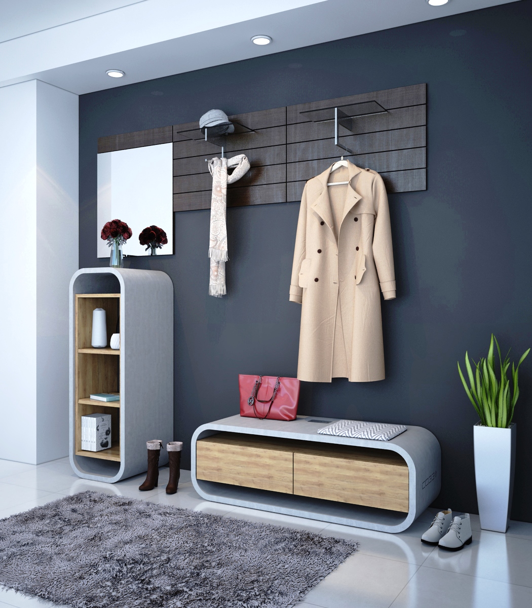 Regal-beton-holz einzigartiges Regal aus Beton und Holz und moderne Sitzbank für den Eingangsbereich