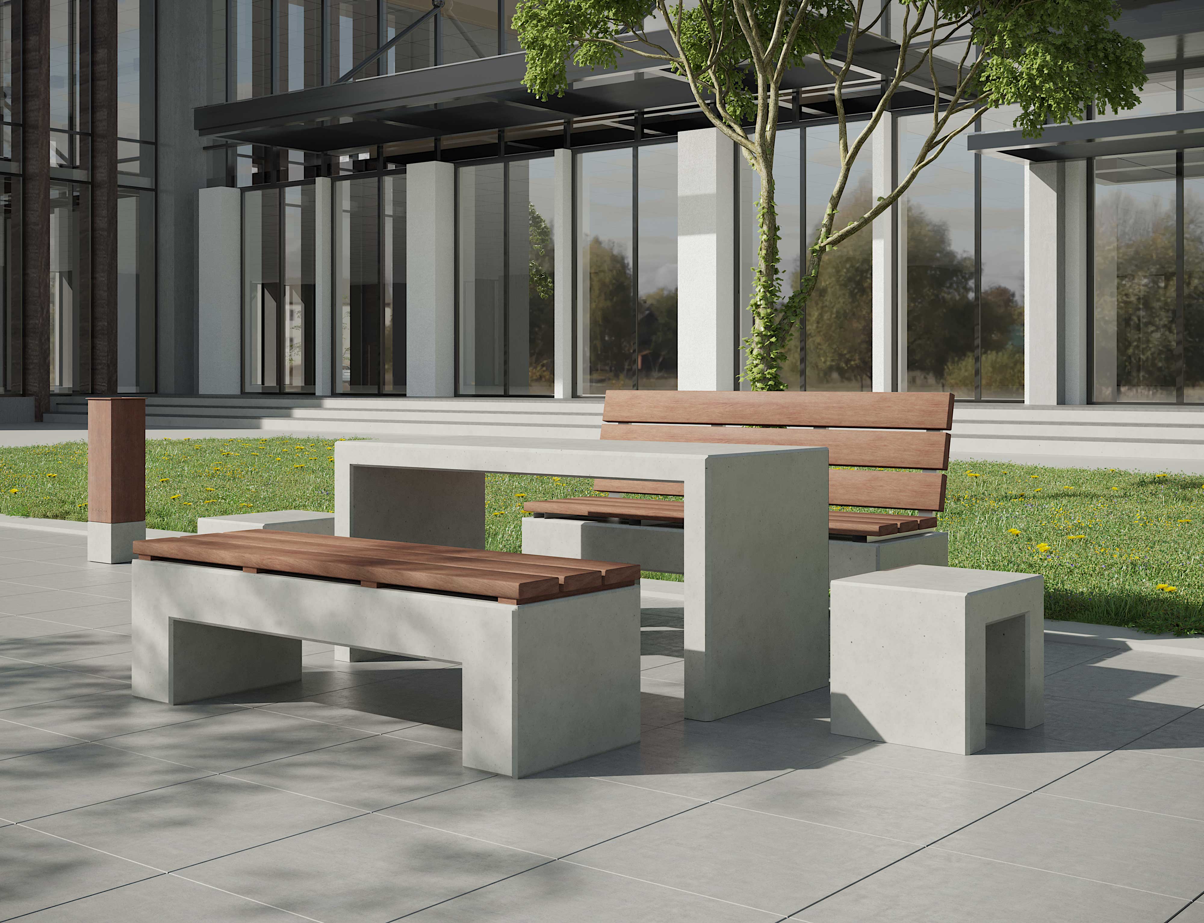 Sitzgruppe moderner Betontisch Outdoortisch in U-Form 1800 mm mit Betonbank mit Rückenlehne