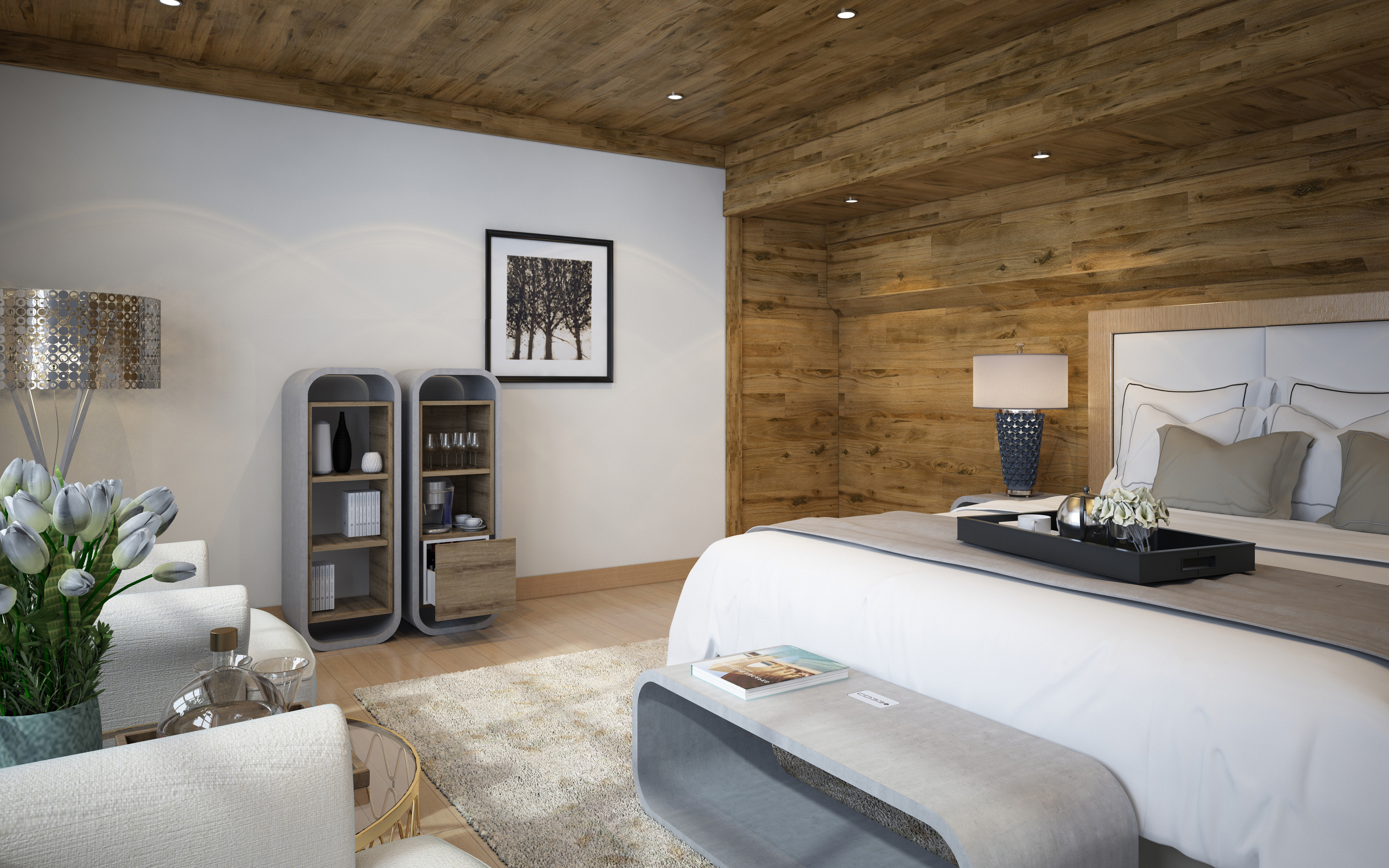 Hotelzimmer-mit-Regal-und-Minibar-aus-Beton-und-Holz