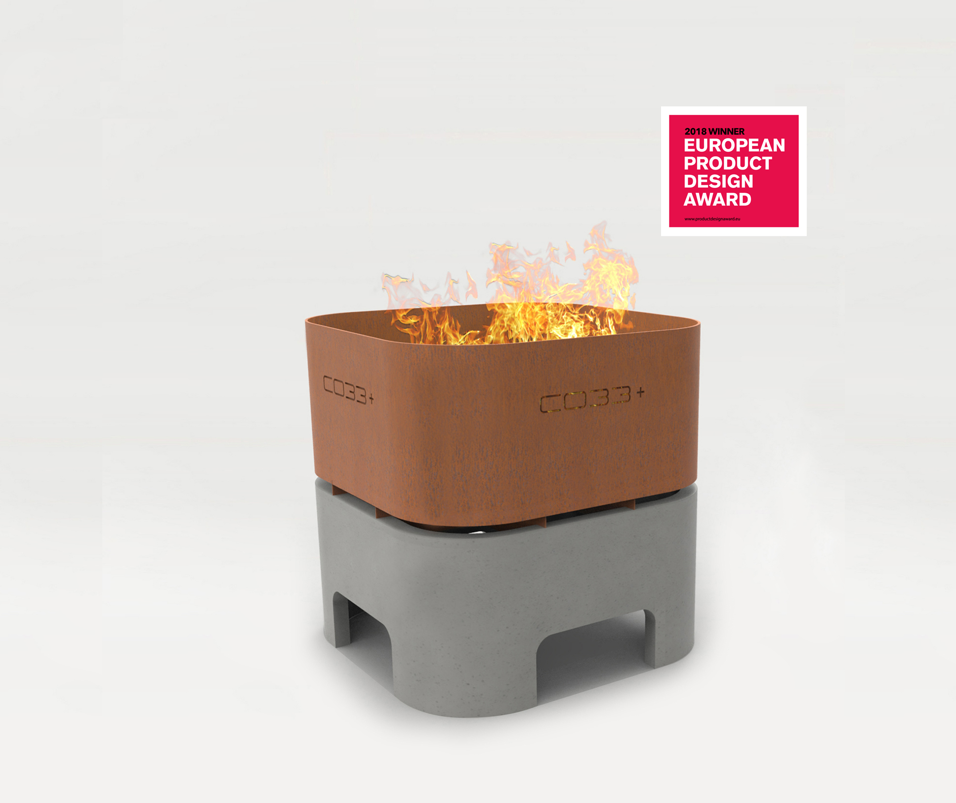 CO33 Betonmöbel Feuerkorb aus Beton und Cortenstahl, Design Award in Gold