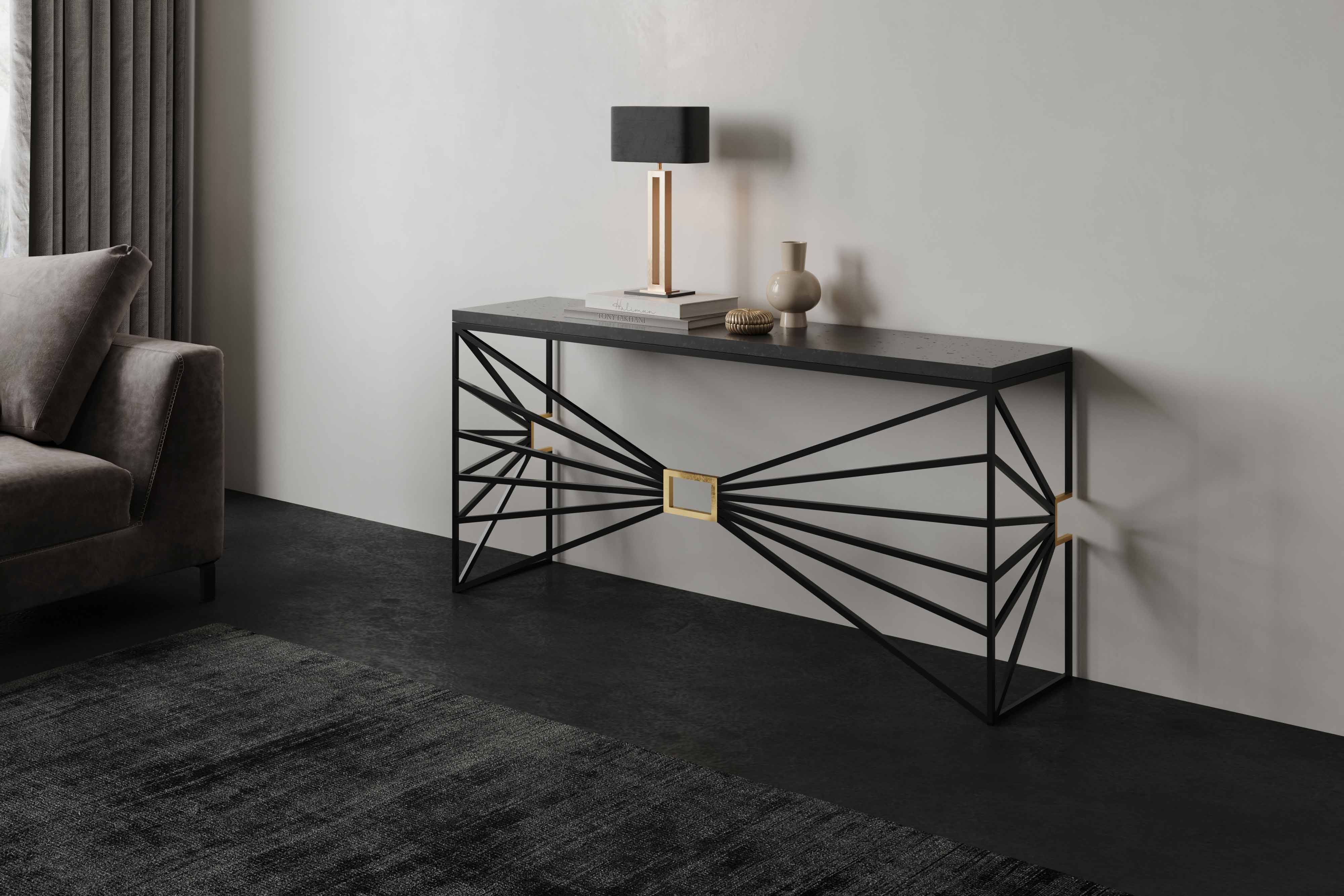 CO33 Konsolen-Kollektion aus Beton und Metall in 3 eleganten Designs CO33 exklusiver Konsolentisch SOLIS schwarz gold aus Beton und Stahl lackiert, mit Blattgold veredelt