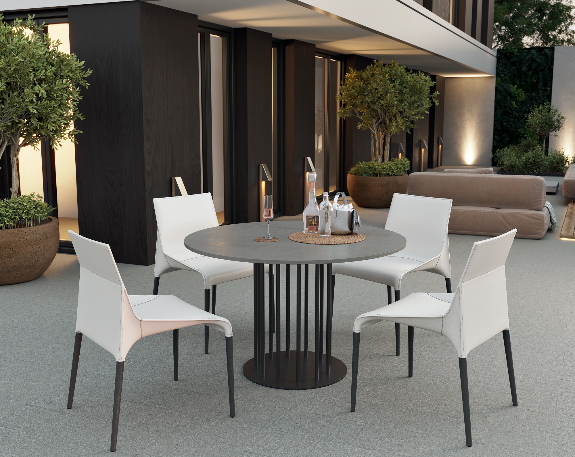 CO33 Table de salle à manger ronde moderne en béton pour la terrasse 120 cm gris béton avec structure métallique noire