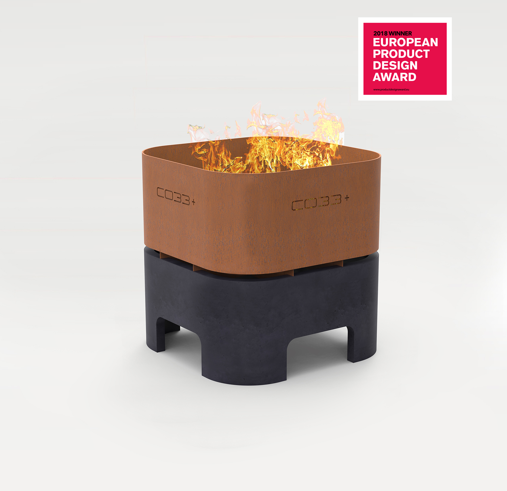 Anthracite concrete and Corten steel fire bowl, gold design award winner
