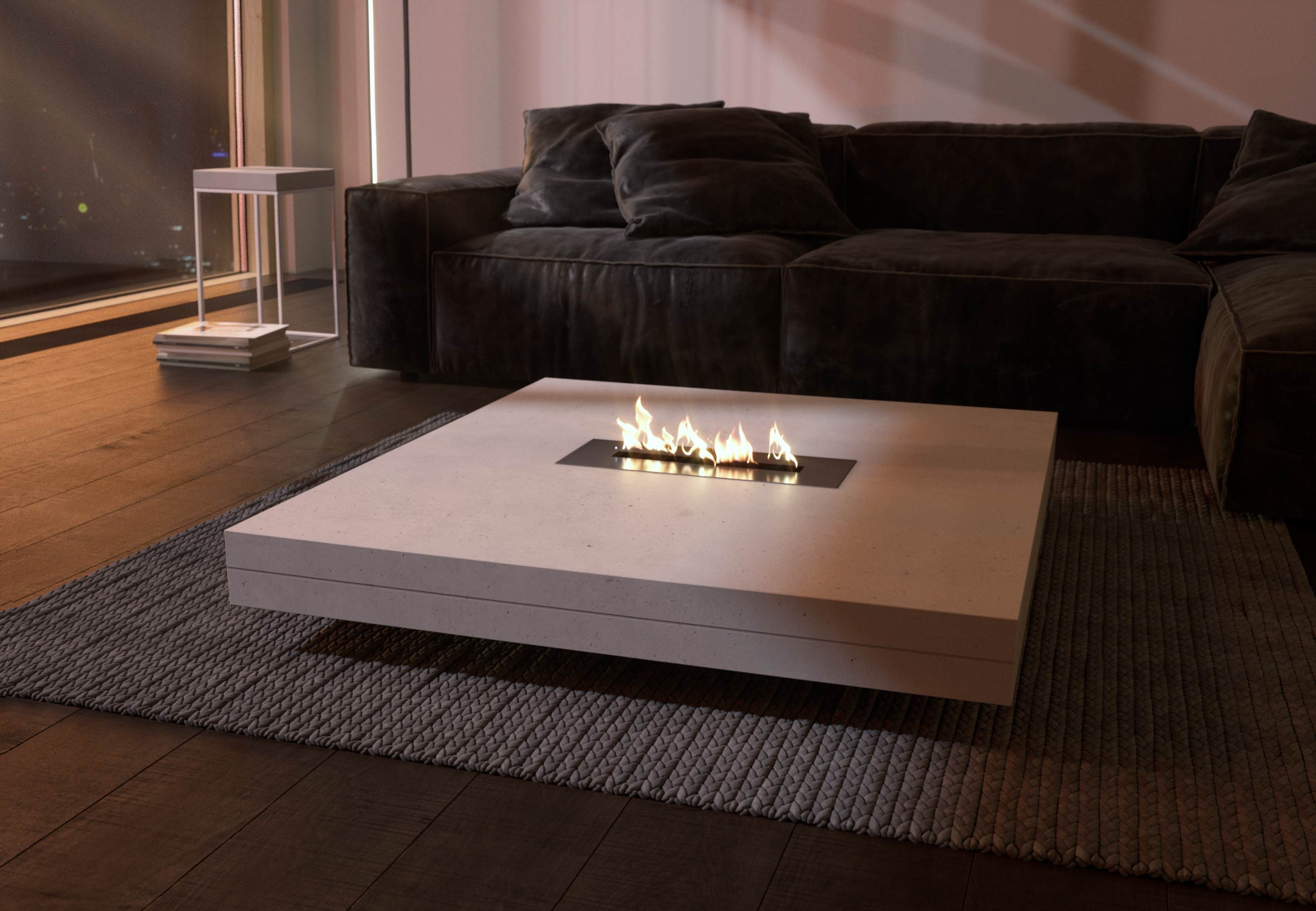 CO33 exklusive Betonmöbel - Feuertisch aus echtem Beton mit Ethanolkamin 1000 x 1000 mm, fahrbar Tabula Ignis