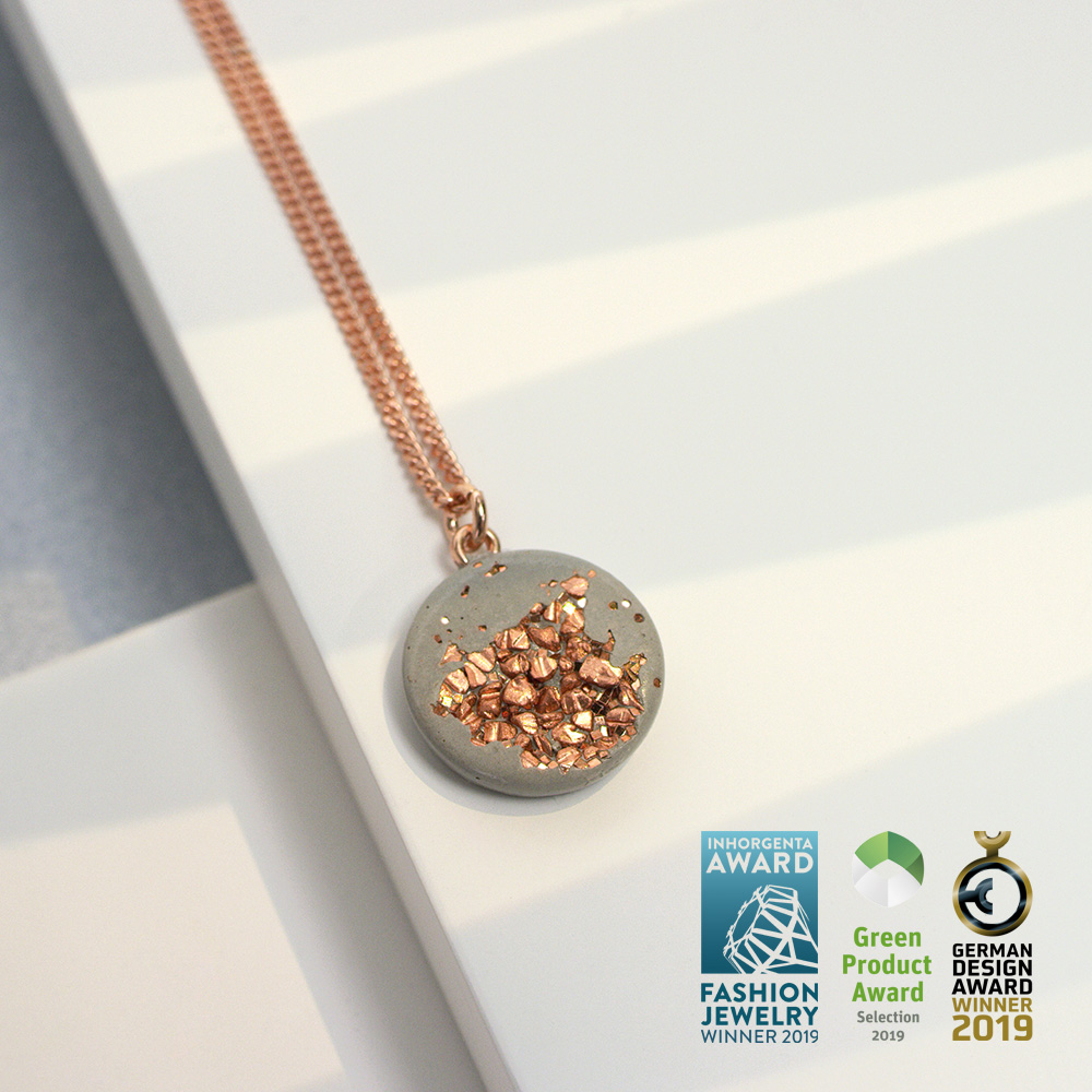 sustainable designer necklace from Concrete Jungle in grey concrete and rose gold